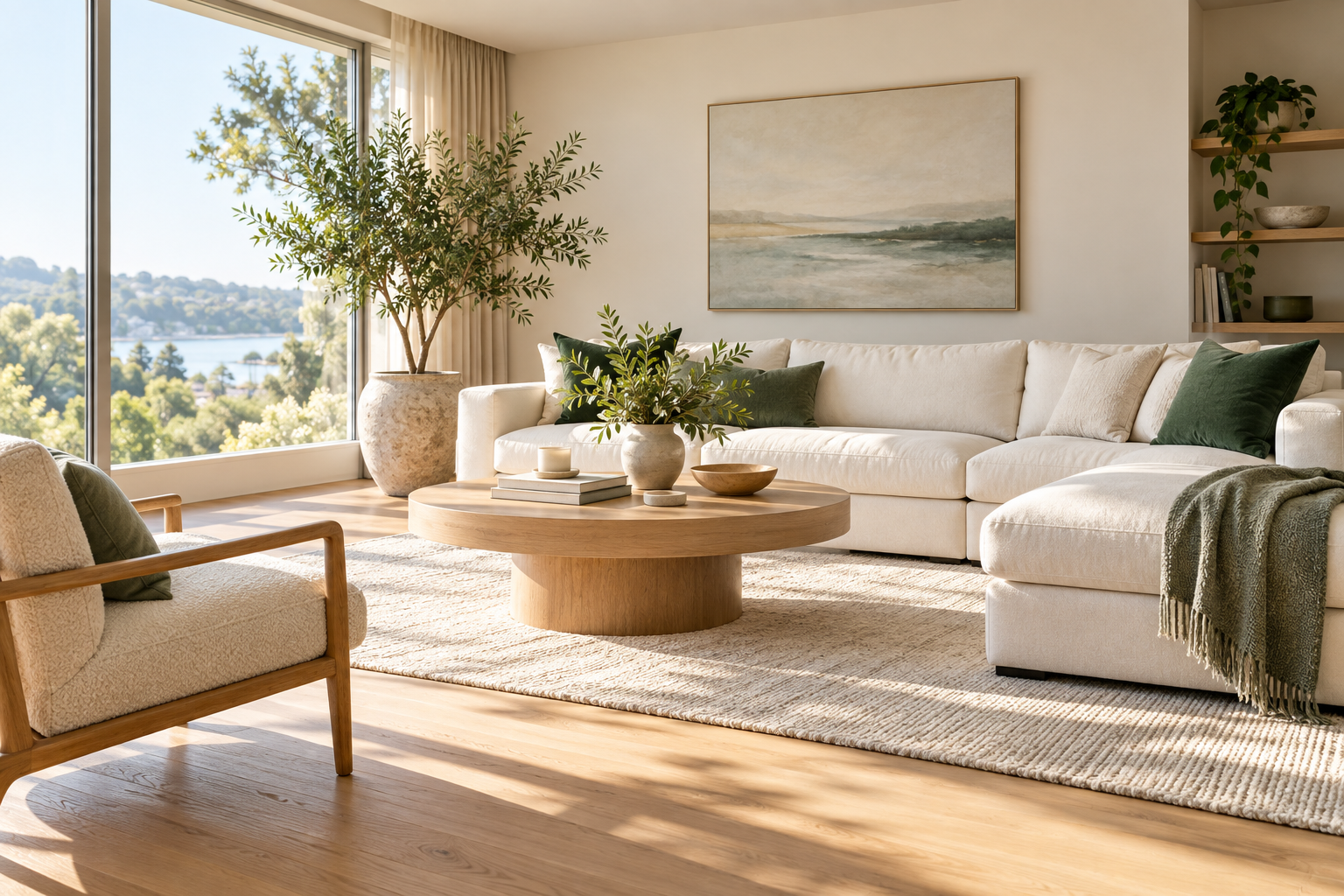 Sala luminosa con sofá blanco, plantas y acabados de madera